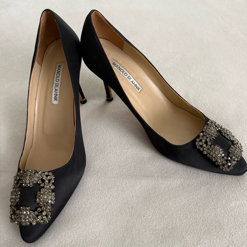 Manolo Blahnik Black Heels with Crystal Embellishments